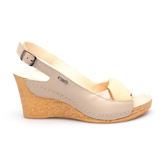 Sandały na koturnie odkryta pięta palce skórzane beżowe PRODUKT POLSKI