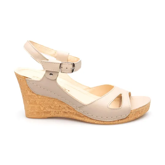 Sandały na koturnie odkryta pięta palce skórzane beżowe PRODUKT POLSKI