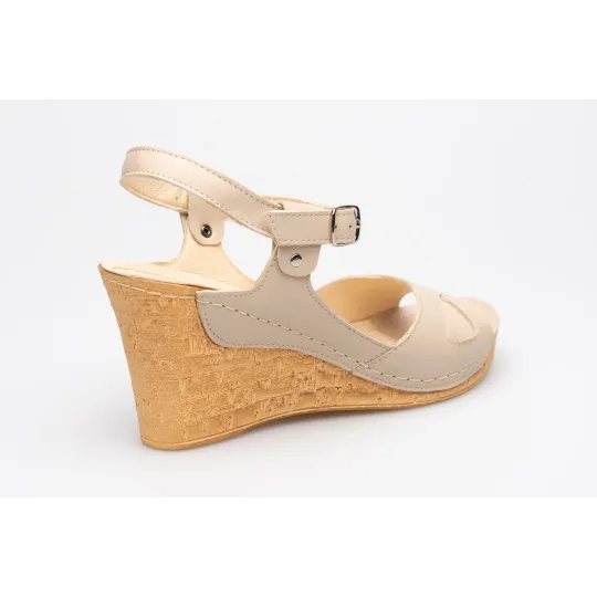 Sandały na koturnie odkryta pięta palce skórzane beżowe PRODUKT POLSKI