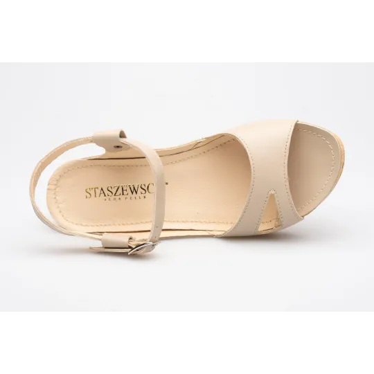 Sandały na koturnie odkryta pięta palce skórzane beżowe PRODUKT POLSKI