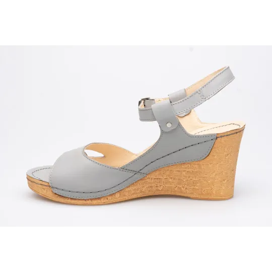 Sandały na koturnie odkryta pięta palce skórzane szare PRODUKT POLSKI