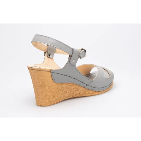 Sandały na koturnie odkryta pięta palce skórzane szare PRODUKT POLSKI