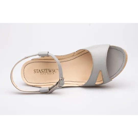 Sandały na koturnie odkryta pięta palce skórzane szare PRODUKT POLSKI