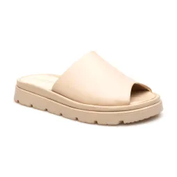 Klapki damskie skórzane na grubej podeszwie beżowe PRODUKT POLSKI