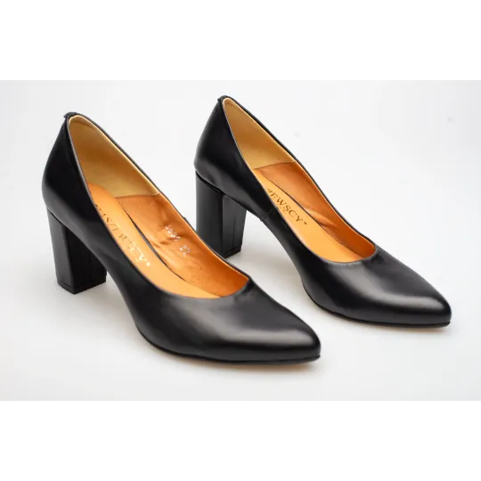 Czółenka na słupku czarne skórzane PRODUKT POLSKI