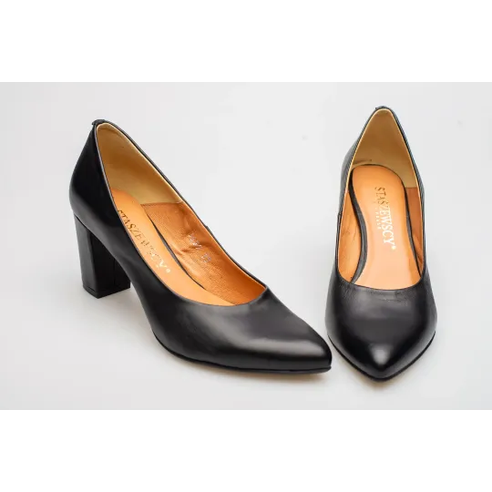 Czółenka na słupku czarne skórzane PRODUKT POLSKI