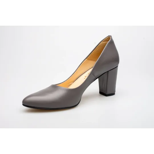 Czółenka na słupku szare skórzane PRODUKT POLSKI