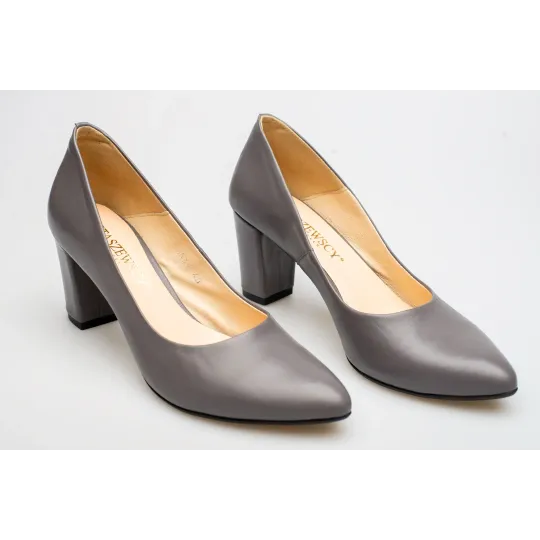 Czółenka na słupku szare skórzane PRODUKT POLSKI