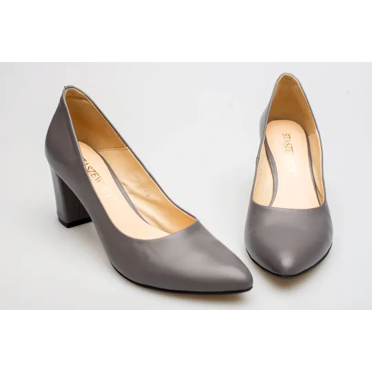 Czółenka na słupku szare skórzane PRODUKT POLSKI