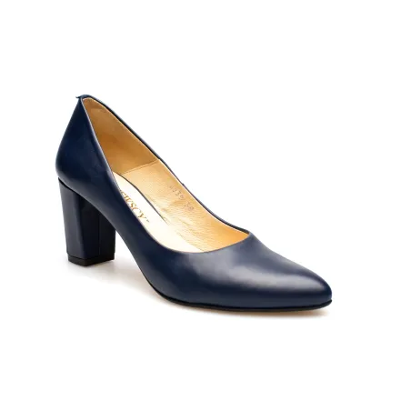 Czółenka na słupku granatowe skórzane PRODUKT POLSKI