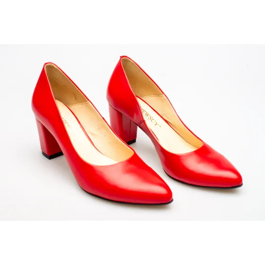 Czółenka na słupku czerwone skórzane PRODUKT POLSKI