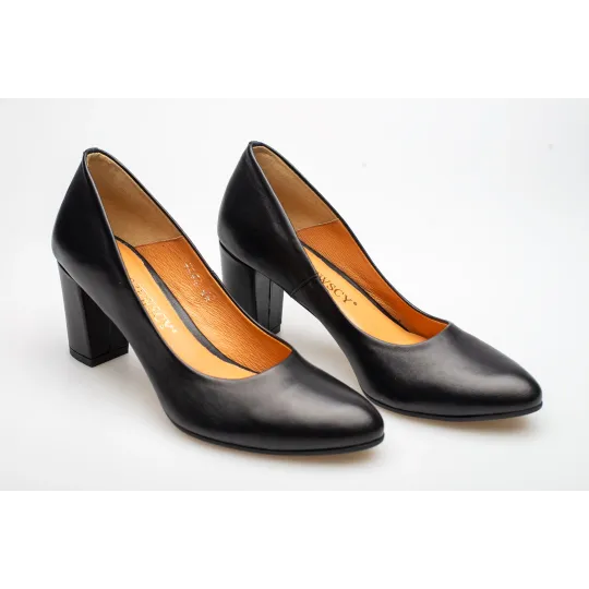 Czółenka na słupku czarne skórzane PRODUKT POLSKI