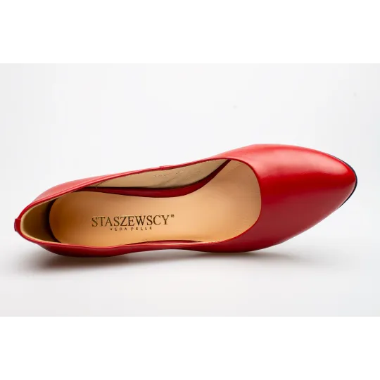 Czółenka na słupku czerwone skórzane PRODUKT POLSKI