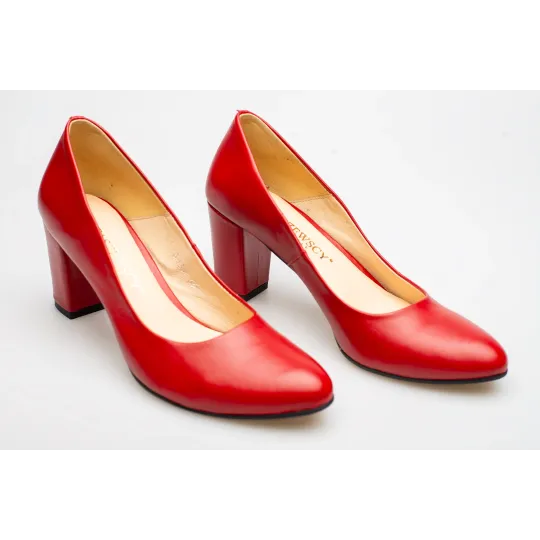 Czółenka na słupku czerwone skórzane PRODUKT POLSKI