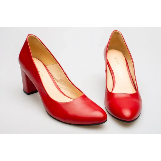 Czółenka na słupku czerwone skórzane PRODUKT POLSKI