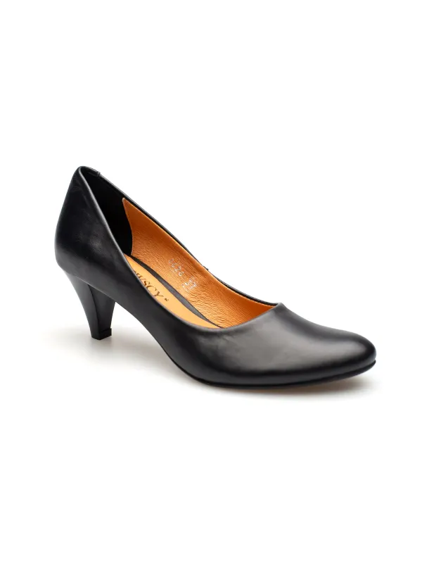 Czółenka na niskiej szpilce czarne skórzane PRODUKT POLSKI