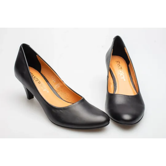 Czółenka na niskiej szpilce czarne skórzane PRODUKT POLSKI