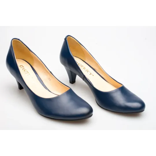 Czółenka na niskiej szpilce granatowe skórzane PRODUKT POLSKI