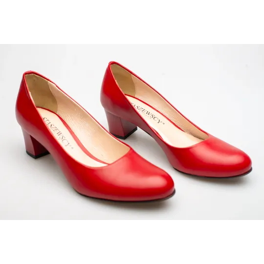 Czółenka na niskim słupku czerwone skórzane PRODUKT POLSKI