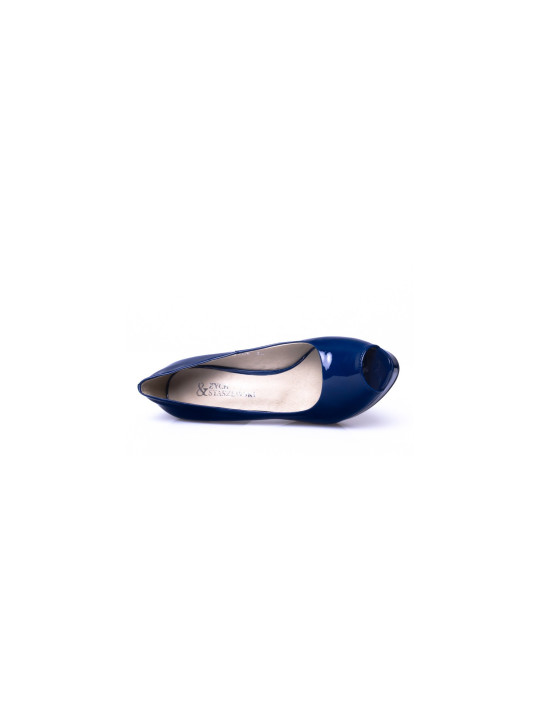 Czółenka na platformie z odkrytymi palcami skórzane lakierowane granatowe Polski Produkt