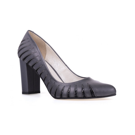 Czółenka na słupku skórzane szare Polski Produkt