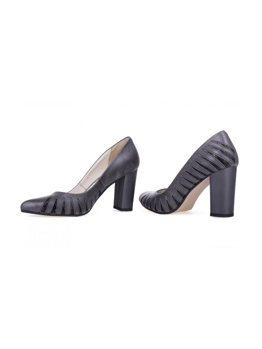 Czółenka na słupku skórzane szare Polski Produkt